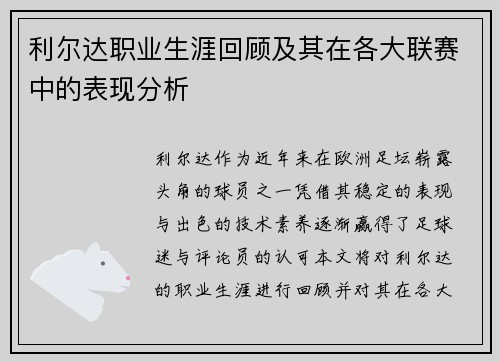 利尔达职业生涯回顾及其在各大联赛中的表现分析