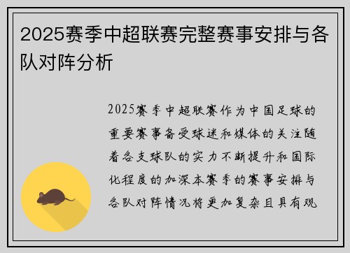 2025赛季中超联赛完整赛事安排与各队对阵分析